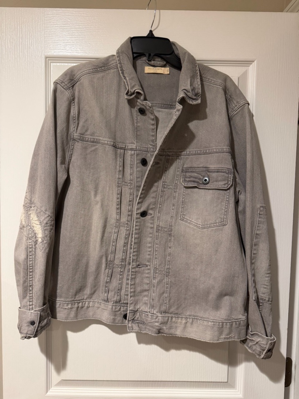 NWOT Allsaints Gray Denim Distressed Trucker Jacket
